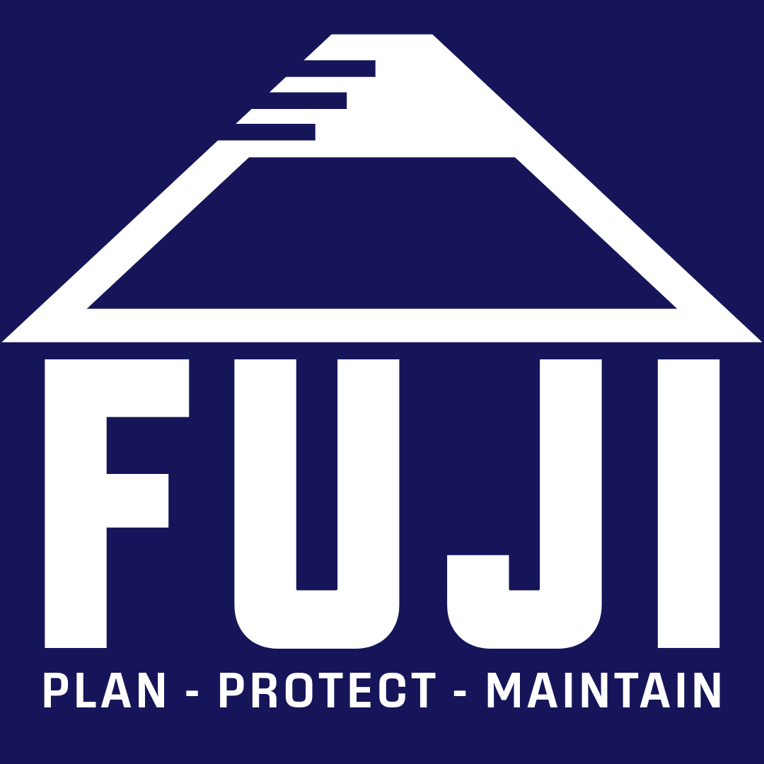 Business logo incorporating Mount Fuji with the name FUJI below. Below FUJI is written plan, protect, maintain.